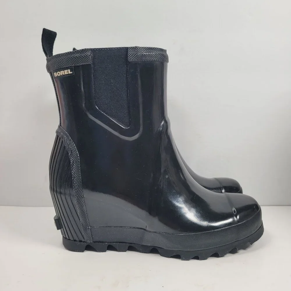 Sorel Women's Black Rubber Wedge Heel Rain Boots NL2526-010 US Size 8.5 - Picture 1 of 10